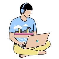 Person with a Miami beach view laptop and headphones overlay symbolizing coastal city lifestyle in double exposure with copy space. concept as A person intertwin vector