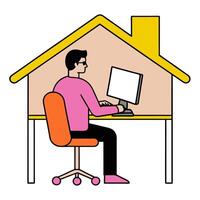 Person with a minimalist home office ergonomic chair and digital interface overlay symbolizing efficient work from home setup in double exposure with copy space. vector