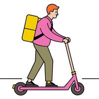 Person with an electric scooter city streets and backpack overlay symbolizing eco friendly urban commuting in double exposure with copy space. concept as A perso vector