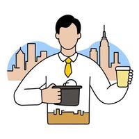 Person with a New York skyline coffee cup and briefcase overlay symbolizing urban professional life in double exposure with copy space. concept as A person inter vector