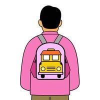 Person with a school bus lunchbox and homework overlay symbolizing American family school life in double exposure with copy space. concept as A person intertwine vector