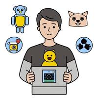 Person with automated pet water dispenser and tech overlay symbolizing smart pet hydration in double exposure with copy space. concept as A person intertwined wi vector