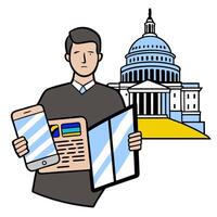 Man holding papers and phone in front of capitol building vector