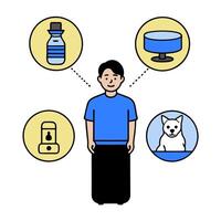 Person with automated pet water dispenser and tech overlay symbolizing smart pet hydration in double exposure with copy space. concept as A person intertwined wi vector