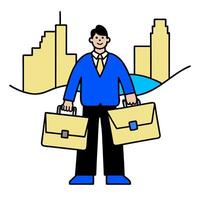 Person with briefcase documents and cityscape overlay symbolizing American urban professional lifestyle in double exposure with copy space. concept as A person i vector