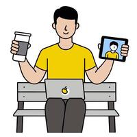 Person with coffee cup laptop and smartphone overlay symbolizing American work from home lifestyle in double exposure with copy space. concept as A person intert vector