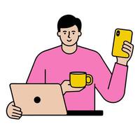Person with coffee cup laptop and smartphone overlay symbolizing American work from home lifestyle in double exposure with copy space. concept as A person intert vector