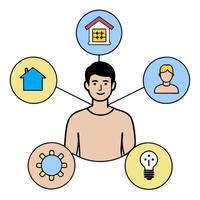 Person with digital home assistant and tech overlay symbolizing smart home automation in double exposure with copy space. concept as A person intertwined with a vector