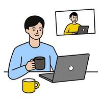 Person with laptop coffee and conference call overlay symbolizing American remote meeting lifestyle in double exposure with copy space. concept as A person inter vector