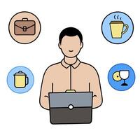 Person with laptop coffee and conference call overlay symbolizing American remote meeting lifestyle in double exposure with copy space. concept as A person inter vector