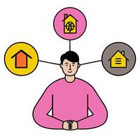 Person with smart home device and tech overlay symbolizing integrated smart living in double exposure with copy space. concept as A person intertwined with a sma vector