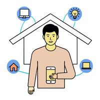 Person with smart home device and tech overlay symbolizing integrated smart living in double exposure with copy space. concept as A person intertwined with a sma vector