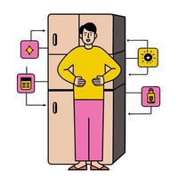 Person with smart fridge and tech overlay symbolizing advanced kitchen technology in double exposure with copy space. concept as A person intertwined with a smar vector