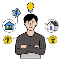 Person with smart home device and tech overlay symbolizing integrated smart living in double exposure with copy space. concept as A person intertwined with a sma vector