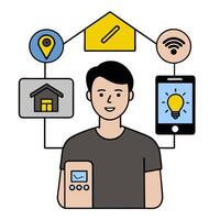 Person with smart home device and tech overlay symbolizing integrated smart living in double exposure with copy space. concept as A person intertwined with a sma vector