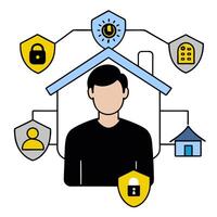 Person with smart home device and tech overlay symbolizing integrated smart living in double exposure with copy space. concept as A person intertwined with a sma vector
