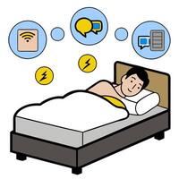 Person with smart bed and tech overlay symbolizing tech driven sleep solutions in double exposure with copy space. concept as A person intertwined with a smart b vector
