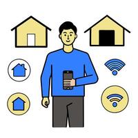 Person with smart home device and tech overlay symbolizing integrated smart living in double exposure with copy space. concept as A person intertwined with a sma vector