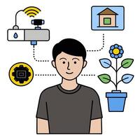 Person with smart irrigation system and tech overlay symbolizing automated garden management in double exposure with copy space. concept as A person intertwined vector