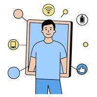 Person with smart mirror and digital overlay symbolizing tech enhanced lifestyle in double exposure with copy space. concept as A person intertwined with a smart vector