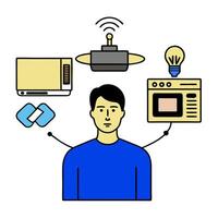 Person with smart kitchen appliance and tech overlay symbolizing smart cooking solutions in double exposure with copy space. concept as A person intertwined with vector