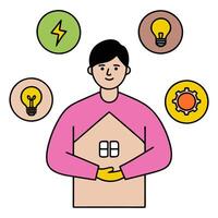Person with smart home device and tech overlay symbolizing integrated smart living in double exposure with copy space. concept as A person intertwined with a sma vector