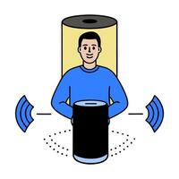 Person with smart speaker and digital assistant overlay symbolizing voice controlled smart living in double exposure with copy space. concept as A person intertw vector