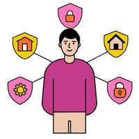 Person with smart security system and tech overlay symbolizing home security management in double exposure with copy space. concept as A person intertwined with vector