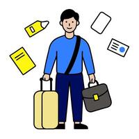 Person with travel bag documents and phone overlay symbolizing American business travel in double exposure with copy space. concept as A person intertwined with vector