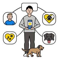 Pet owner with digital training tools and tech overlay symbolizing advanced pet training in double exposure with copy space. concept as A pet owner blended with vector