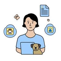 Pet owner with digital training tools and tech overlay symbolizing advanced pet training in double exposure with copy space. concept as A pet owner blended with vector