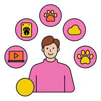 Pet owner with digital training tools and tech overlay symbolizing advanced pet training in double exposure with copy space. concept as A pet owner blended with vector