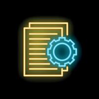 Neon icon of gear processing documents on black background vector