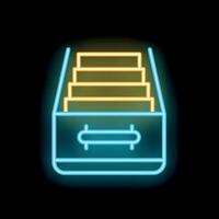Neon glowing archive drawer icon with open top showing files vector