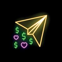 Neon paper plane flying spreading love and money around vector