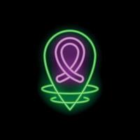 Neon green location pin with pink awareness ribbon glowing on black background vector