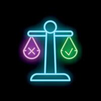 Neon scales showing right and wrong choices on black background vector