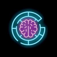 Neon icon of brain surrounded by circular maze representing artificial intelligence vector