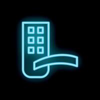 Neon sign depicting building with open door on black background vector