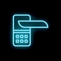 Neon icon of door handle with keypad lock glowing on black background vector