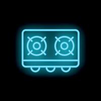 Glowing blue neon icon of a gas stove with burning burners vector
