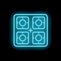 Blue neon sign icon of a gas stove with four burners on a black background vector