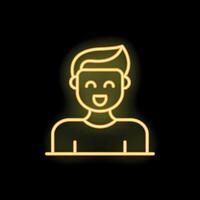 Young man showing positive emotion with happy smiling face neon sign vector