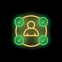 Neon icon of person surrounded by check marks representing validation vector