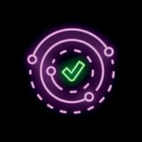 Neon sign showing green check mark inside purple circle for verification vector
