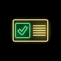 Neon green check mark on document icon glowing on black background vector