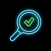 Neon magnifying glass showing green check mark symbol on black background vector
