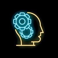 Neon icon of human head with gears representing thinking process vector