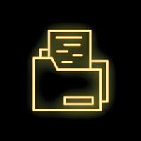 Neon folder icon with document displaying on black background vector