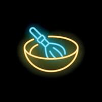 Neon sign of whisk lying in bowl for cooking and bakery logo vector